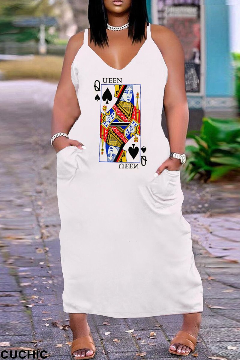 White Black Fashion Sexy Plus Size Casual Print Pocket Spaghetti Strap Long Dress-CuChic