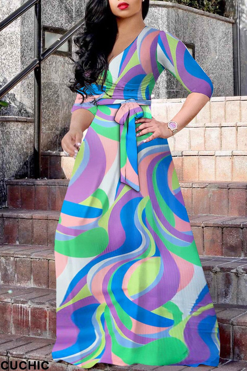 Blue Fashion Casual Print Bandage V Neck Long Dress-CuChic
