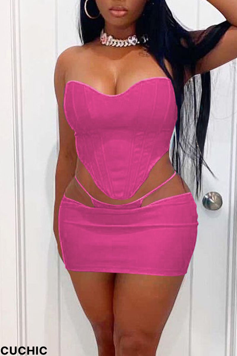 Rose Red Sexy Solid Split Joint Asymmetrical Strapless Sleeveless Two Pieces-CuChic