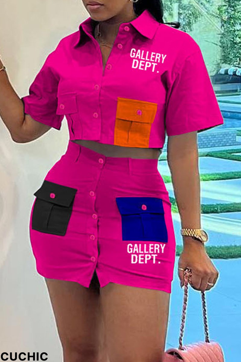 Rose Red Casual Letter Print Patchwork Shirt Collar Short Sleeve Two Pieces-CuChic