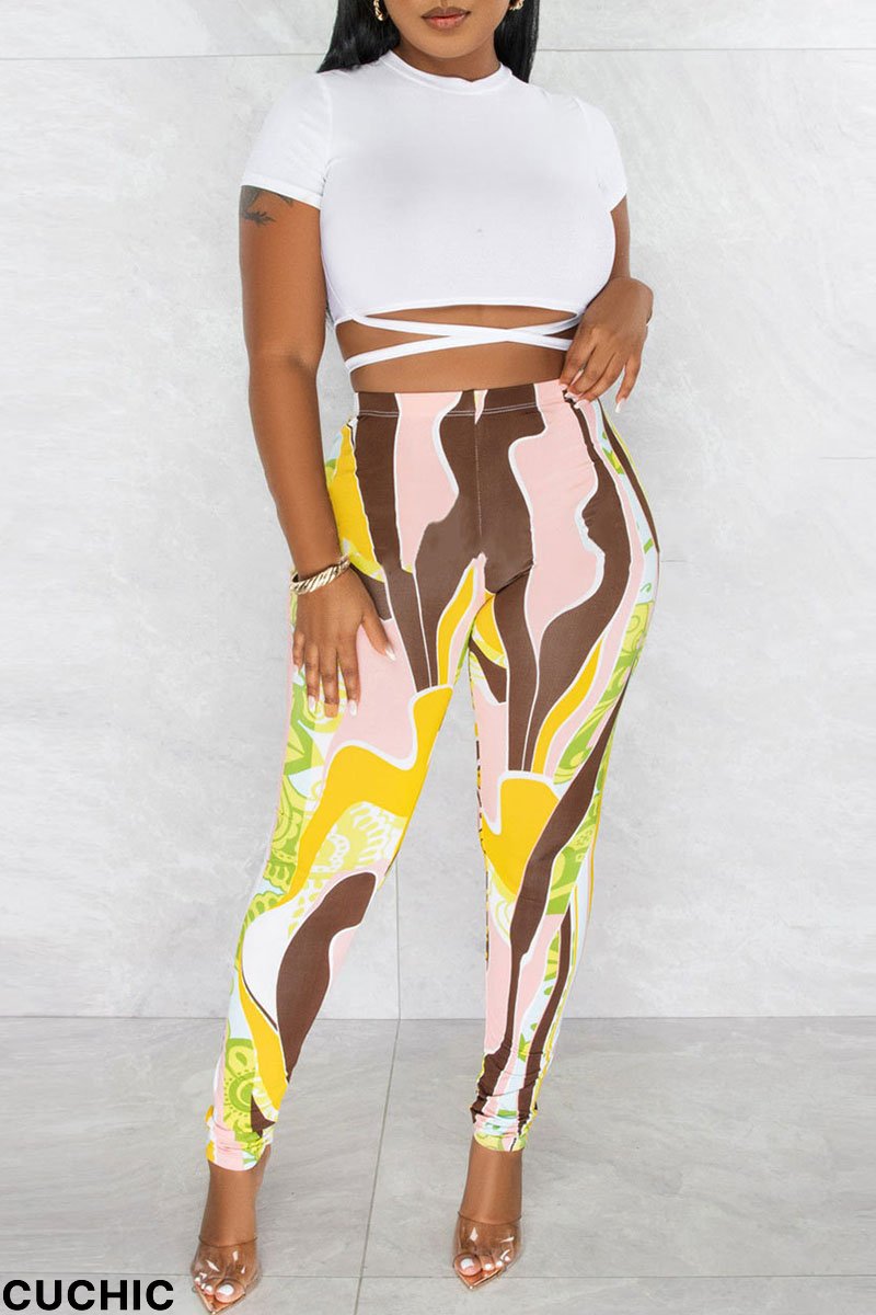 White Sexy Print Patchwork O Neck Short Sleeve Two Pieces-CuChic