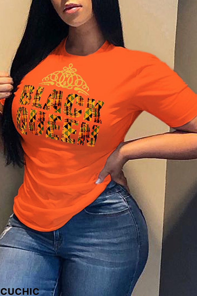 Orange Fashion Street Print Split Joint Letter O Neck T-Shirts-CuChic