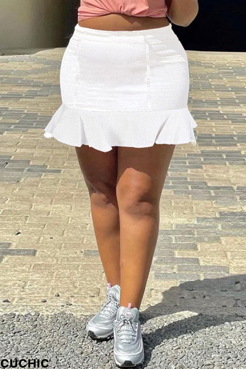 White Fashion Casual Solid Basic High Waist Regular Denim Skirts-CuChic
