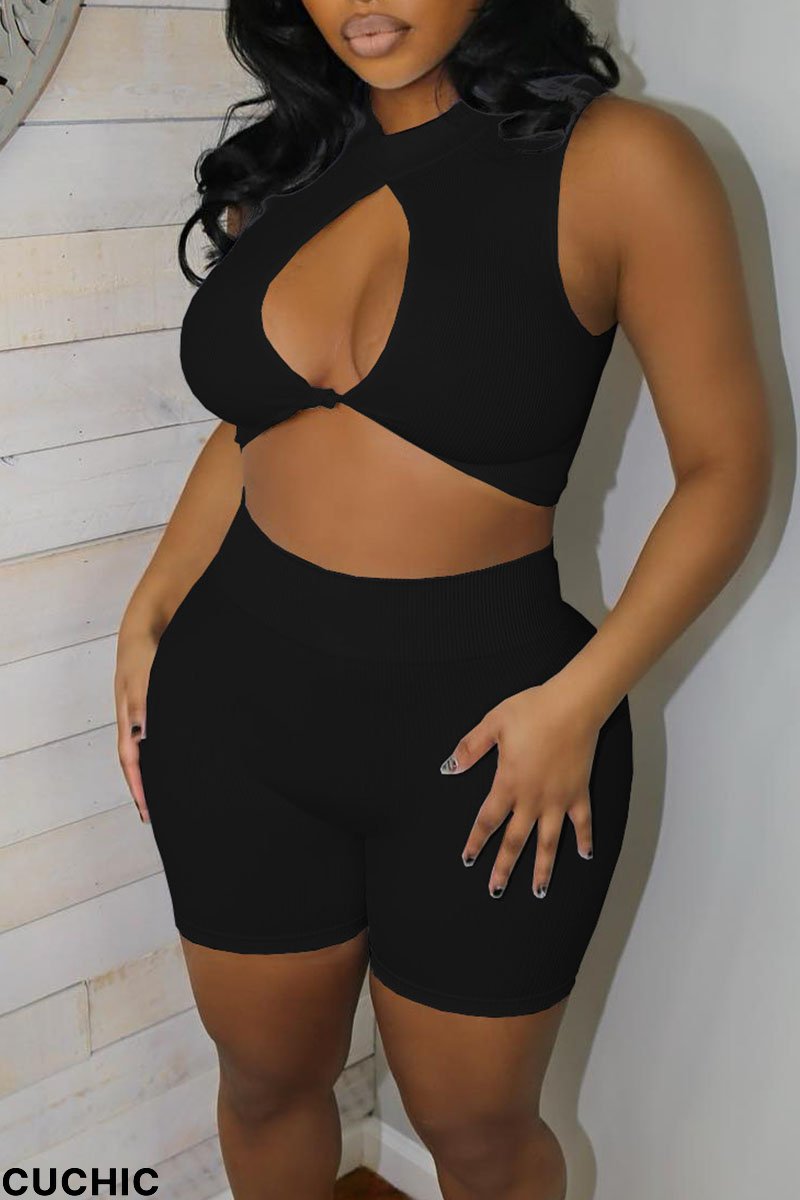 Black Sexy Solid Hollowed Out Split Joint O Neck Sleeveless Two Pieces-CuChic