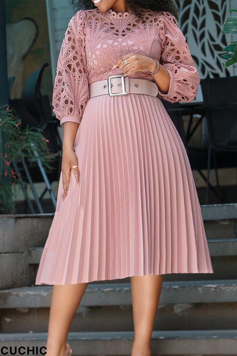 Pink Fashion Casual Solid Hollowed Out Patchwork With Belt O Neck Pleated Dresses-CuChic