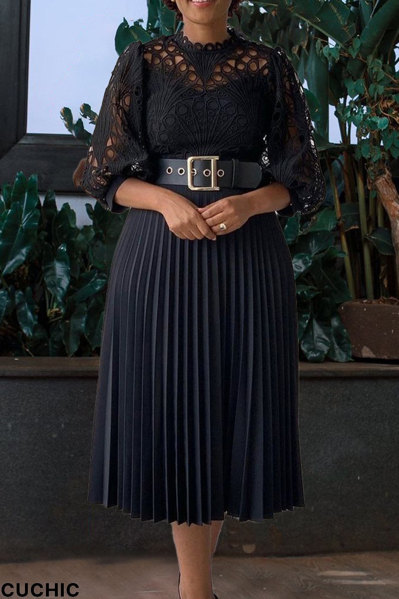 Black Fashion Casual Solid Hollowed Out Patchwork With Belt O Neck Pleated Dresses-CuChic