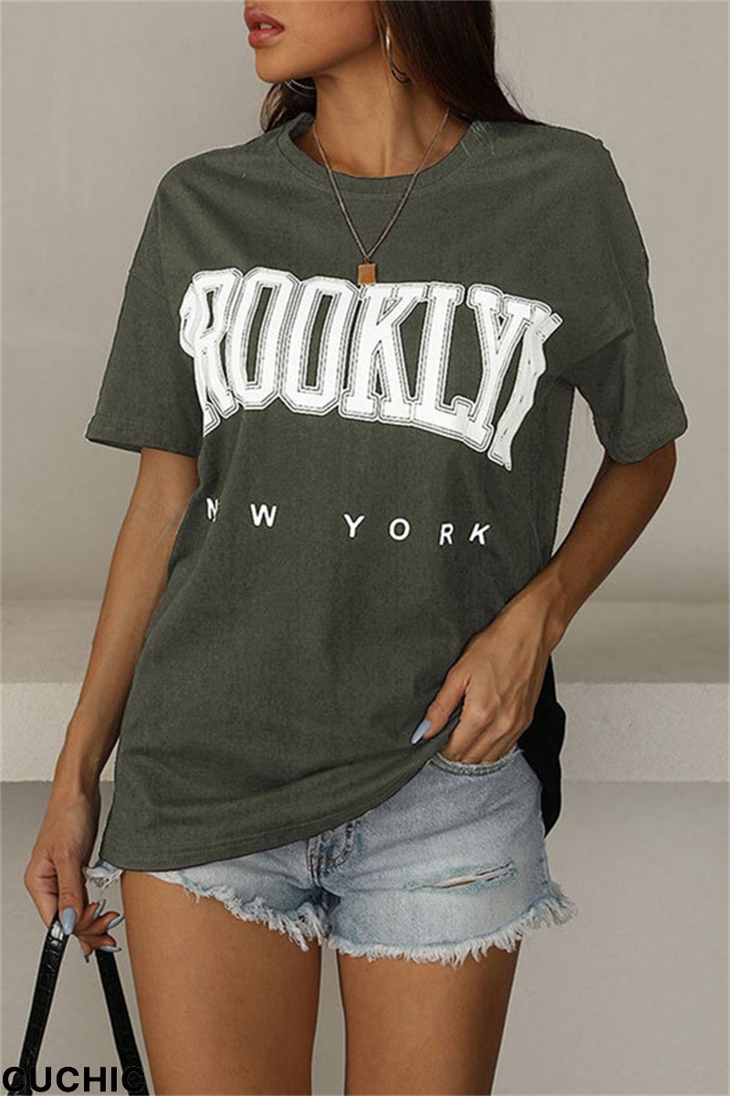 Army Green Fashion Casual Letter Print Basic O Neck T-Shirts-CuChic