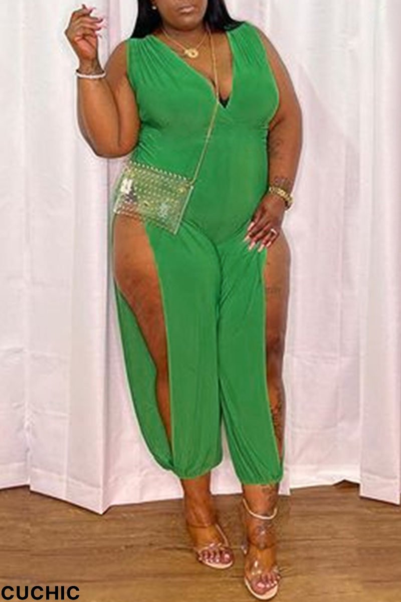 Green Fashion Casual Solid Hollowed Out V Neck Plus Size Jumpsuits-CuChic