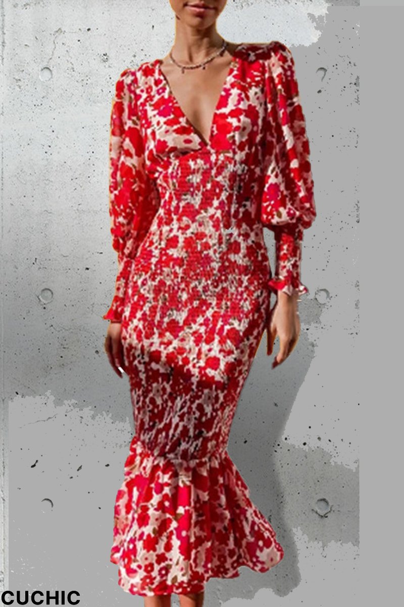 Red Daily Elegant Print Flounce V Neck Trumpet Mermaid Dresses-CuChic