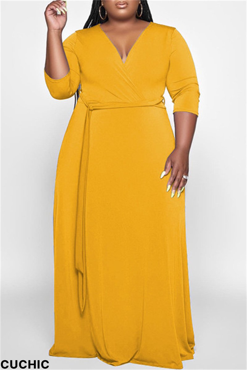 Ginger Fashion Casual Solid Basic V Neck Long Dress Plus Size Dresses-CuChic