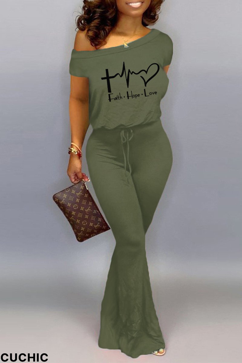 Green Fashion Print Split Joint One Shoulder Boot Cut Jumpsuits-CuChic
