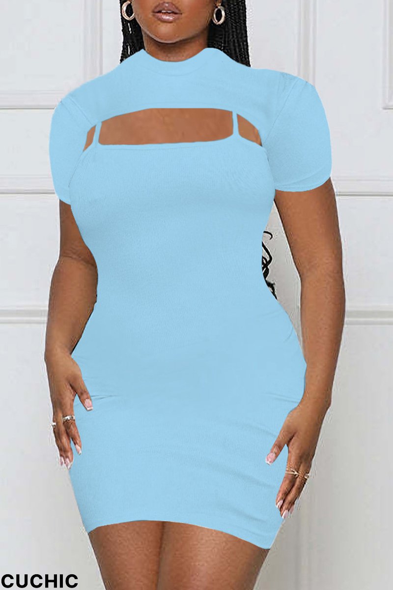Sky Blue Sexy Solid Hollowed Out U Neck Short Sleeve Two Pieces-CuChic