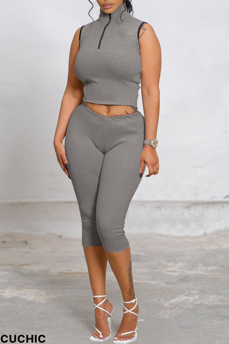 Grey Fashion Casual Solid Basic Turtleneck Sleeveless Two Pieces-CuChic