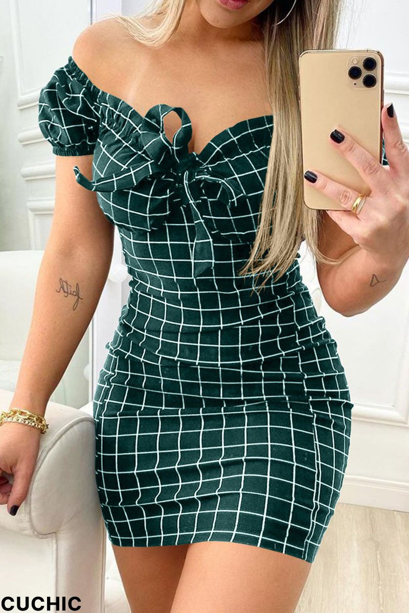 Ink Green Fashion Casual Plaid Print Frenulum V Neck Short Sleeve Dress-CuChic