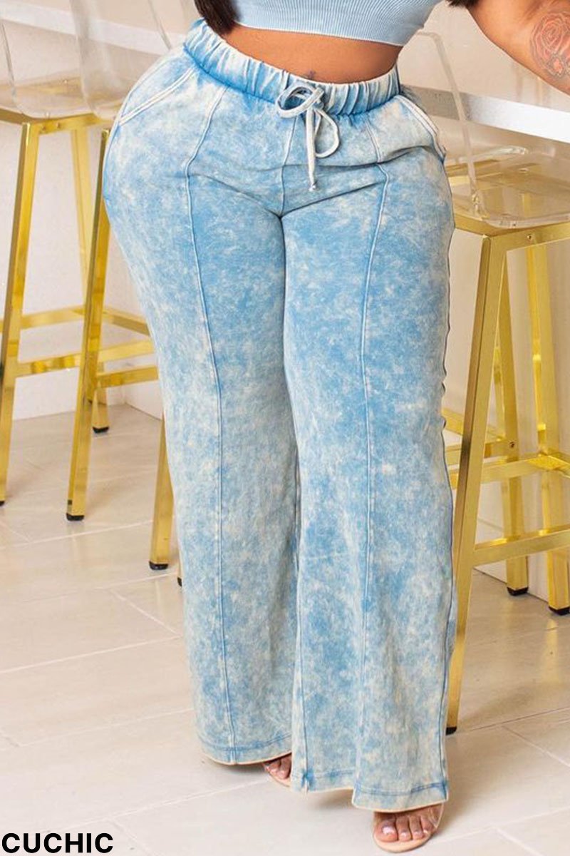 Light Blue Casual Print Patchwork High Waist Straight Full Print Bottoms-CuChic