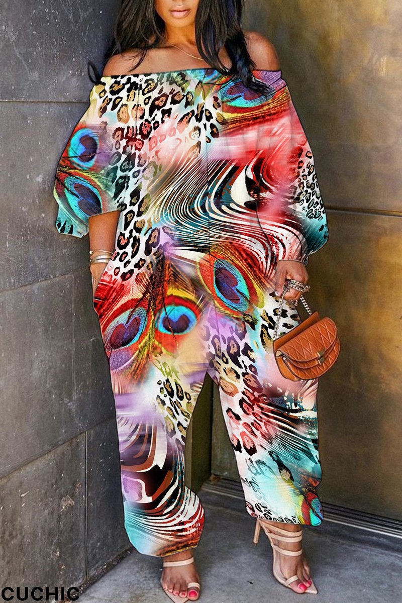 Multicolor Casual Print Patchwork Off the Shoulder Regular Jumpsuits-CuChic