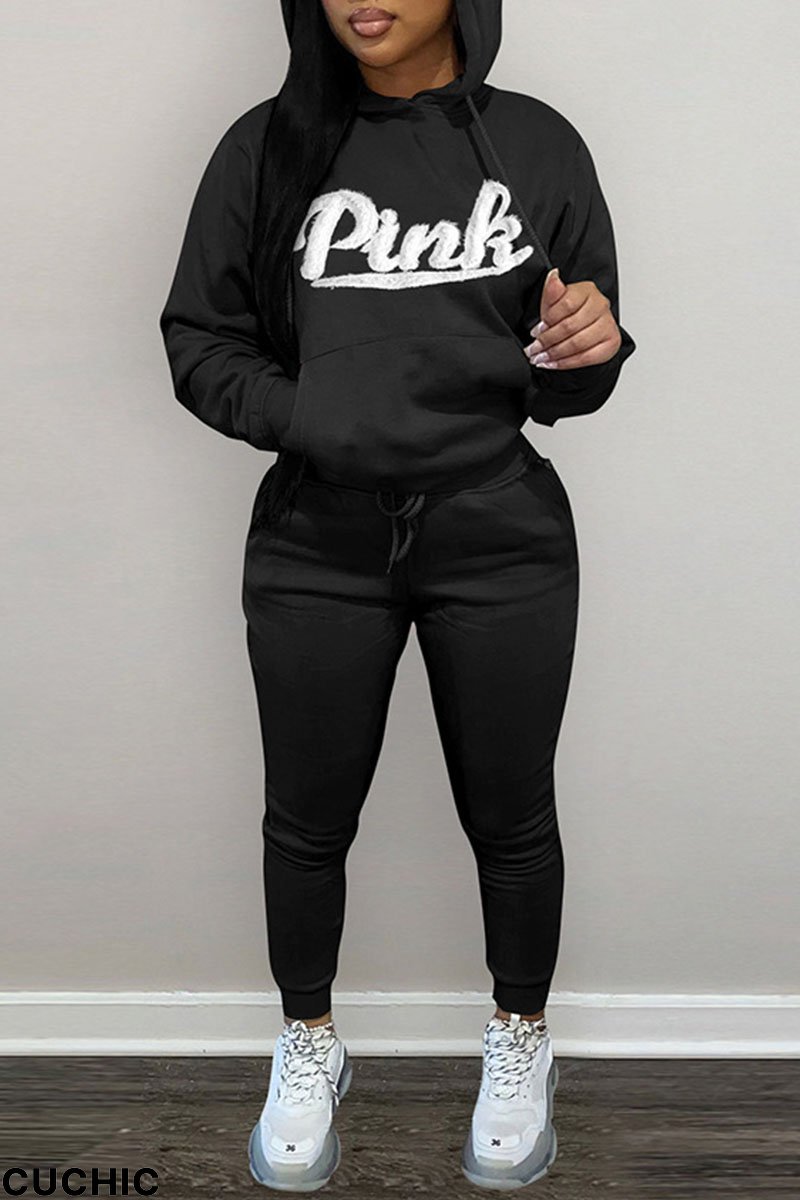 Black Casual Solid Embroidered Patchwork Hooded Collar Long Sleeve Two Pieces-CuChic