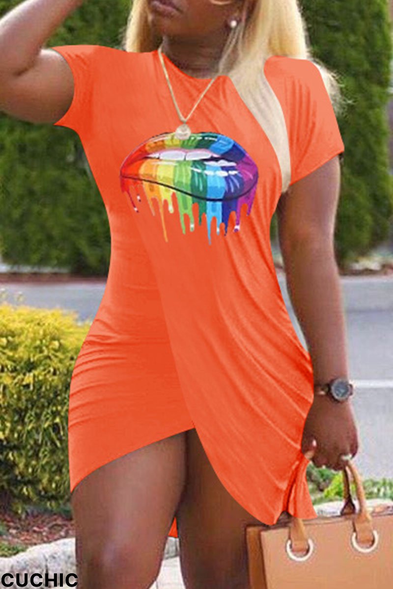 Orange Fashion Casual Lips Printed Split Joint O Neck Short Sleeve Dress Dresses-CuChic