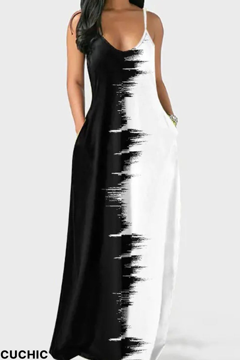 Black White Casual Print Patchwork Spaghetti Strap Sling Dress Dresses-CuChic