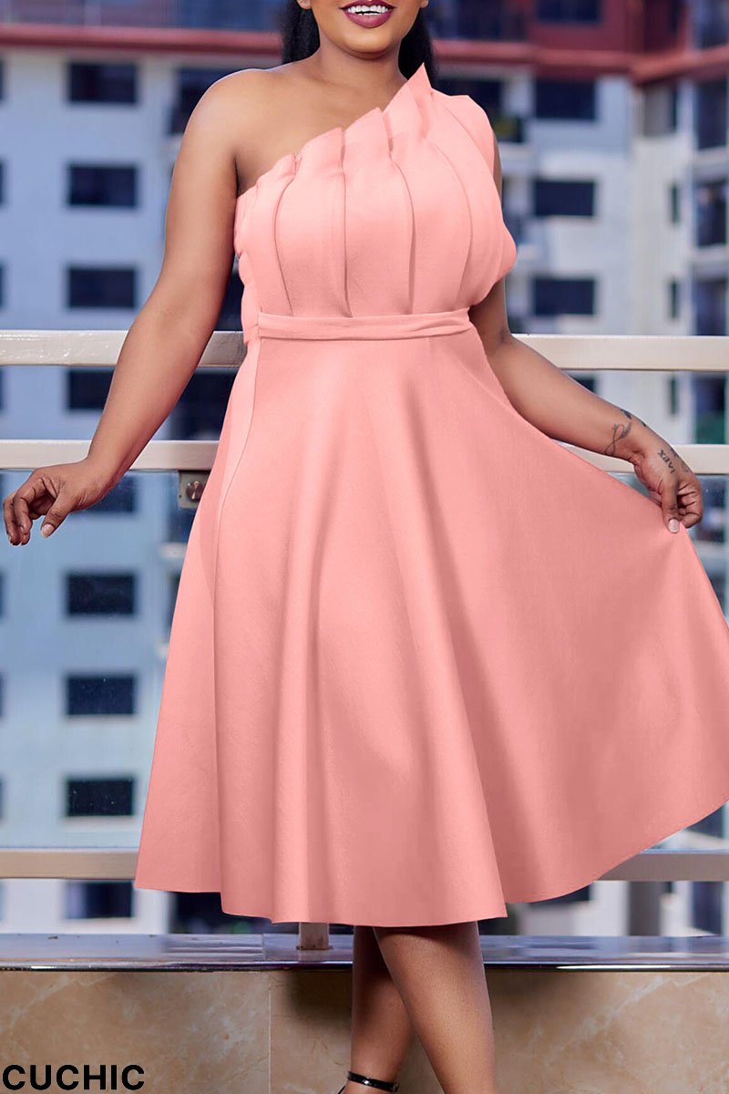 Pink Elegant Solid Patchwork Fold Oblique Collar Evening Dress Dresses-CuChic