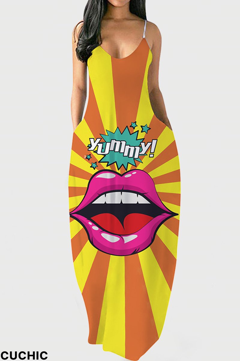 Orange Yellow Fashion Sexy Print Backless V Neck Sling Dress-CuChic
