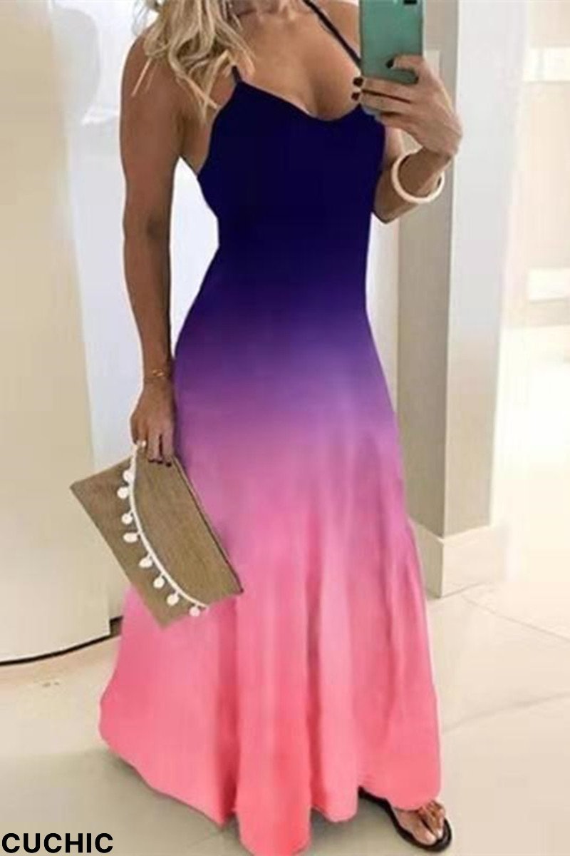 Pink Purple Fashion Sexy Plus Size Print Backless Spaghetti Strap Long Dress-CuChic