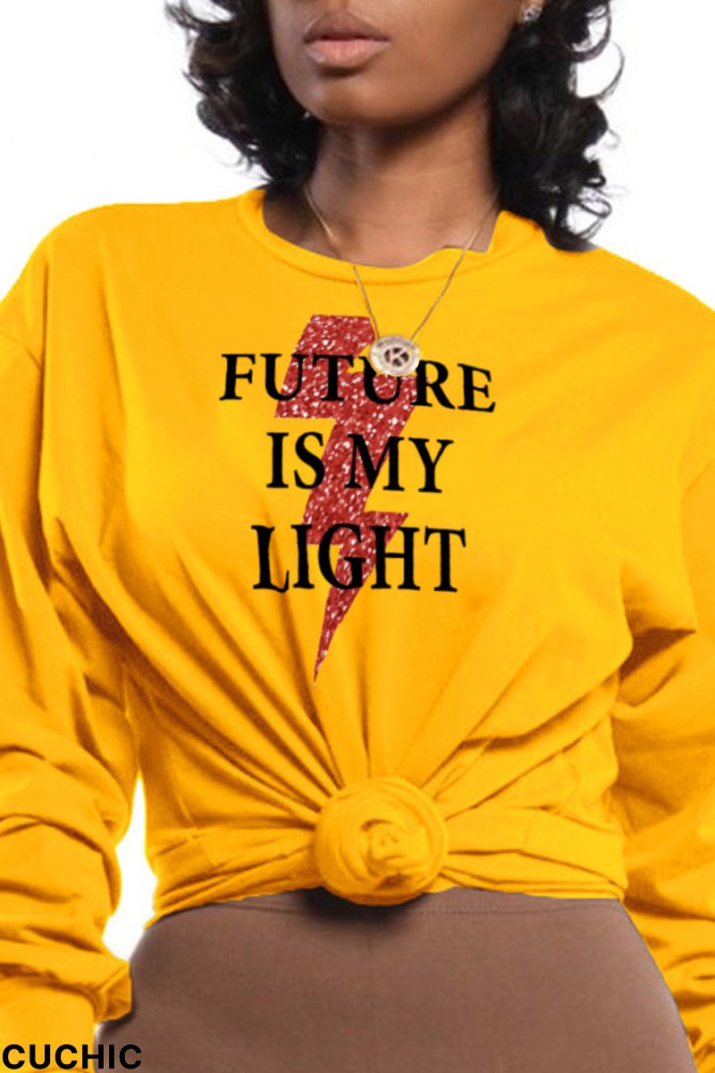 Yellow Fashion Street Print Patchwork O Neck Tops-CuChic