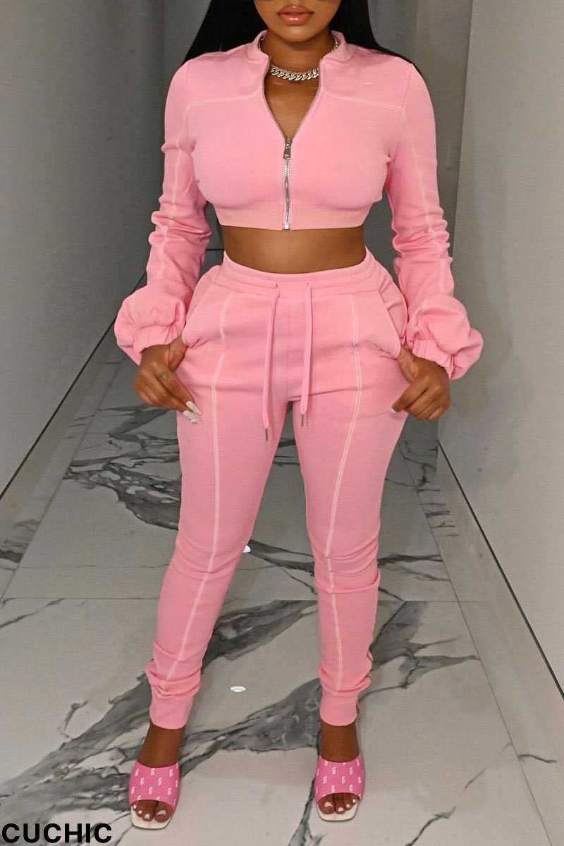 Pink Casual Solid Patchwork Long Sleeve Two Pieces-CuChic