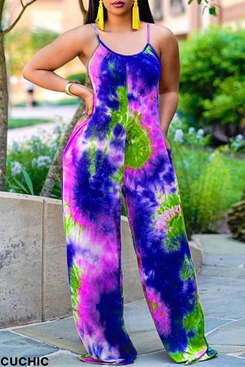 Purplish Blue Fashion Casual Tie Dye Printing Spaghetti Strap Regular Jumpsuits-CuChic