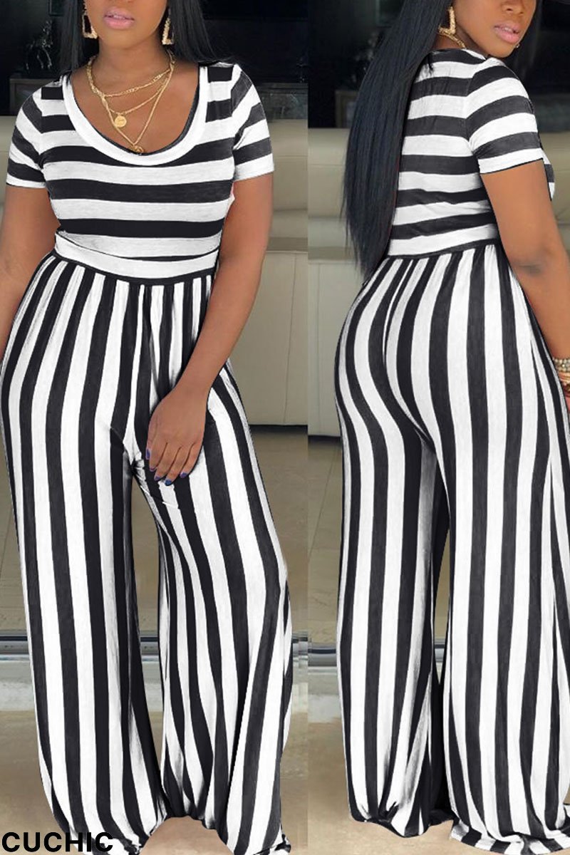 Black Casual Striped Print Split Joint O Neck Straight Jumpsuits-CuChic
