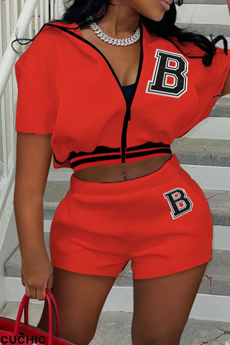 Red Casual Patchwork Zipper Short Sleeve Two Pieces-CuChic