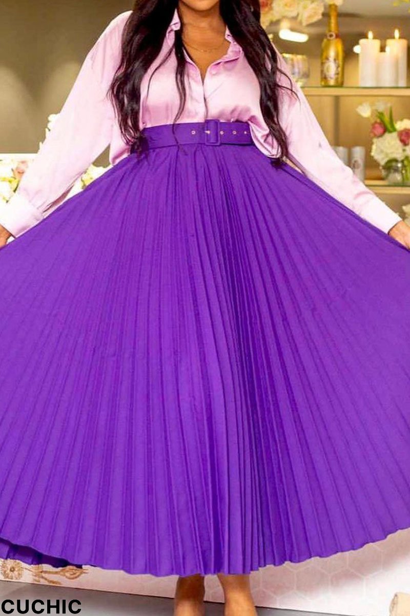 Purple Casual Solid Patchwork Fold With Belt Loose High Waist Straight Solid Color Bottoms-CuChic