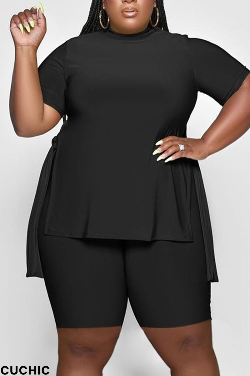 Black Casual Solid Split Joint Slit O Neck Plus Size Two Pieces-CuChic