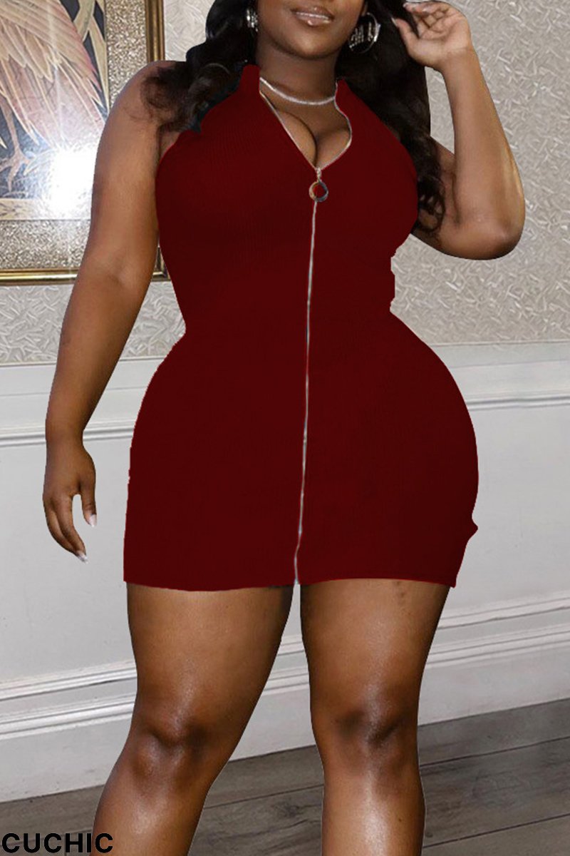Burgundy Sexy Casual Solid Basic Zipper Collar Sleeveless Dress Plus Size Dresses-CuChic