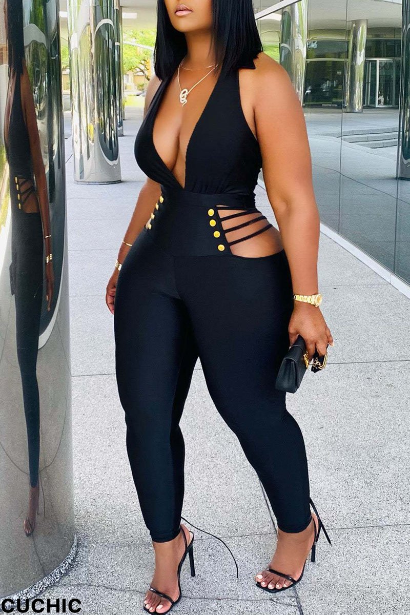 Black Sexy Solid Hollowed Out Split Joint V Neck Regular Jumpsuits-CuChic