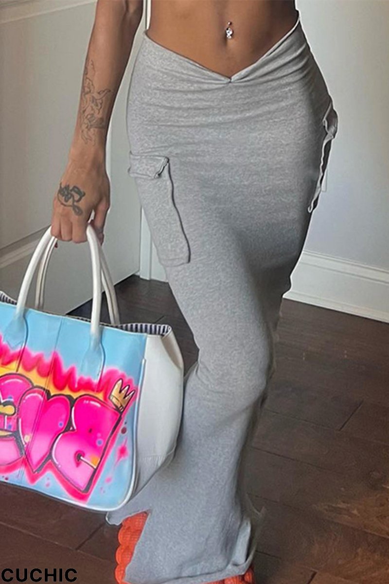 Grey Casual Solid Split Joint Skinny Mid Waist Pencil Solid Color Bottoms-CuChic