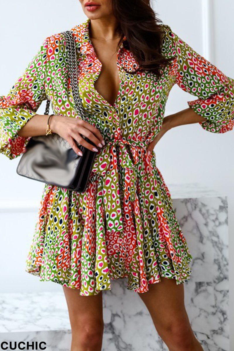 Green Casual Print Split Joint Turndown Collar Waist Skirt Dresses-CuChic
