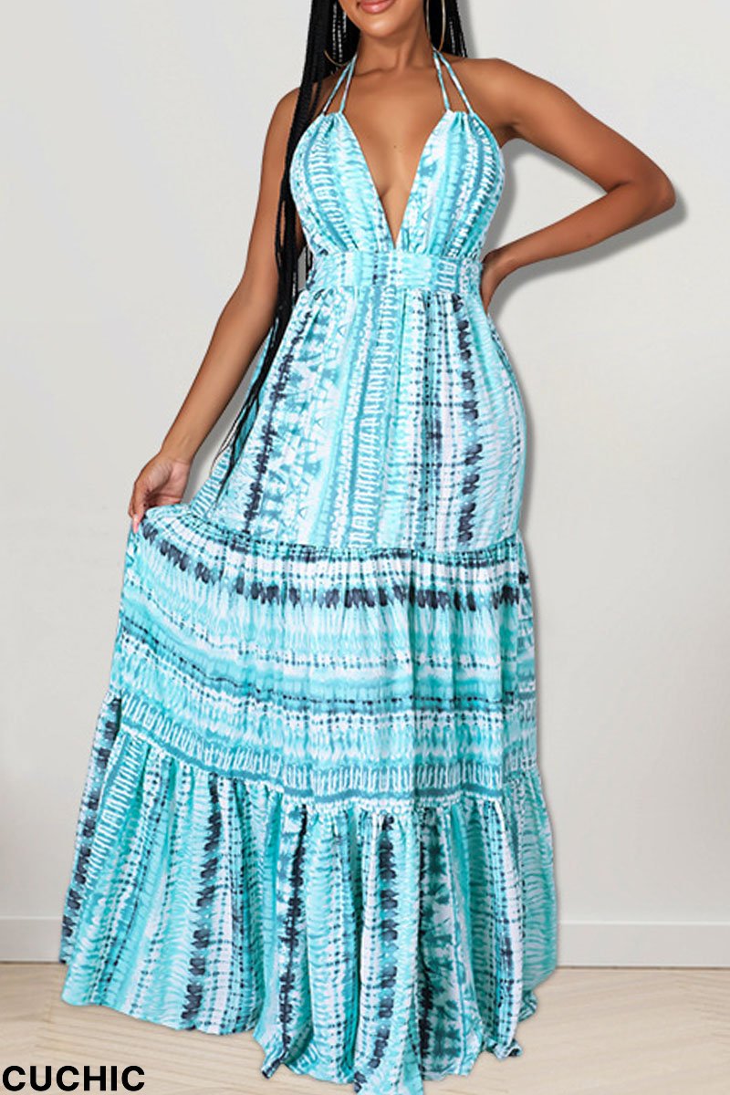 Sky Blue Sexy Print Patchwork Backless Halter Straight Dresses-CuChic