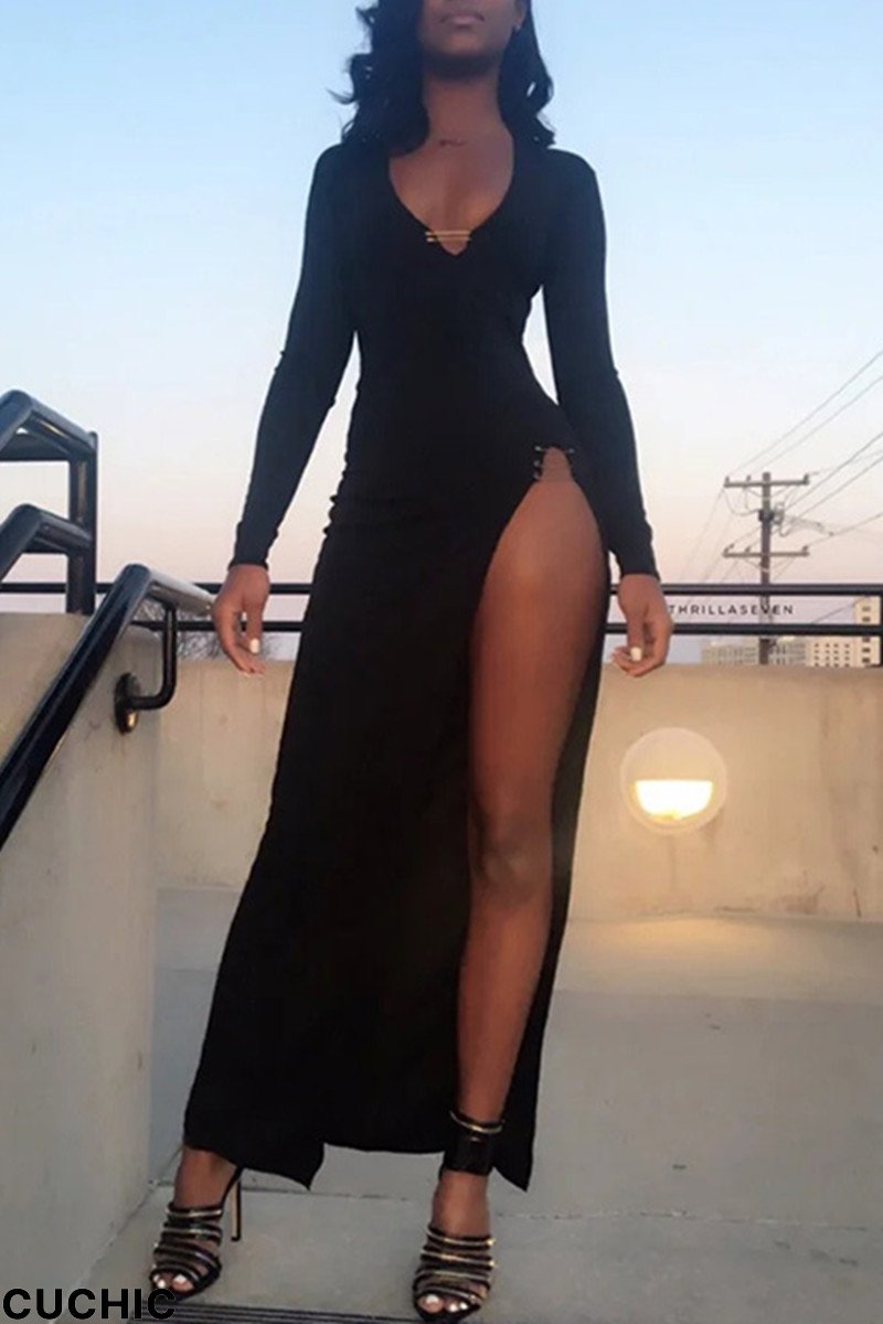 Black Fashion Sexy Solid Slit V Neck Long Sleeve Dresses-CuChic