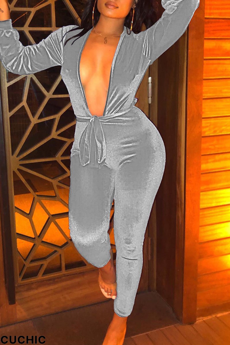 Grey Sexy Solid Bandage Patchwork V Neck Skinny Jumpsuits-CuChic