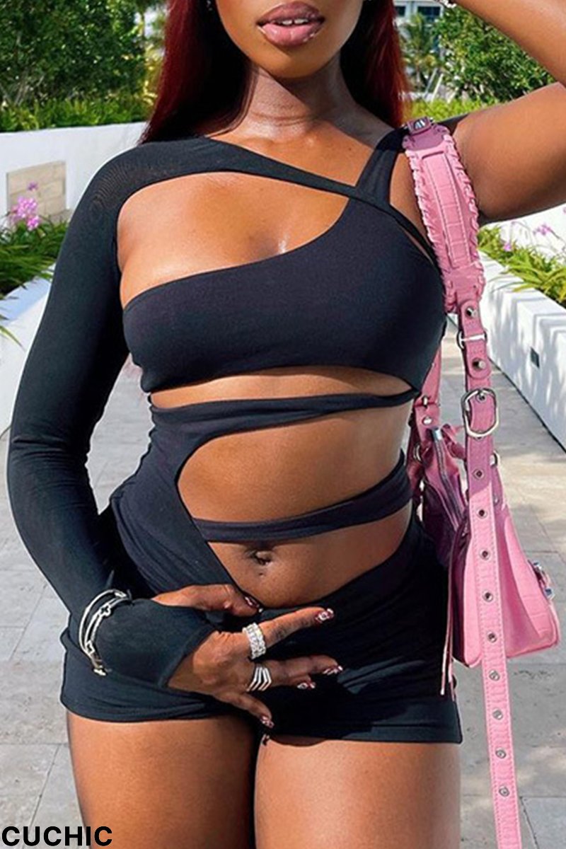 Black Sexy Solid Hollowed Out Halter Skinny Jumpsuits-CuChic