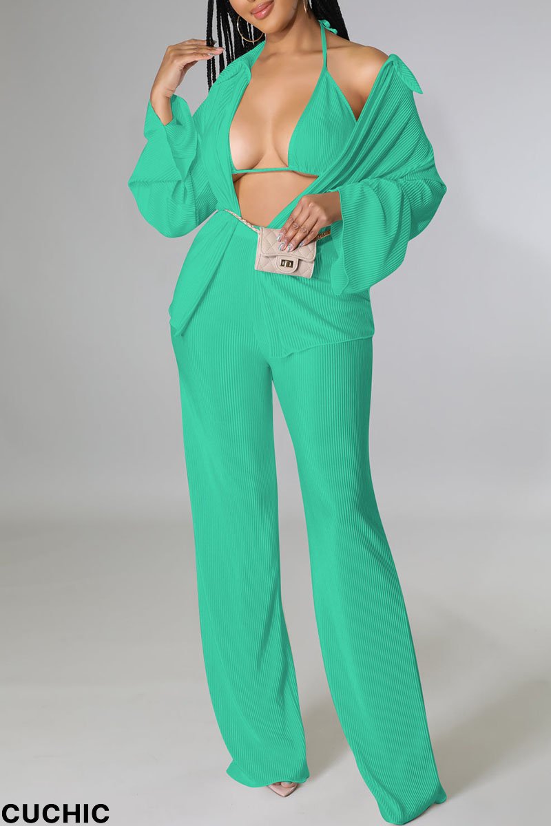 Green Sexy Solid Patchwork Fold Turndown Collar Long Sleeve Three Pieces-CuChic