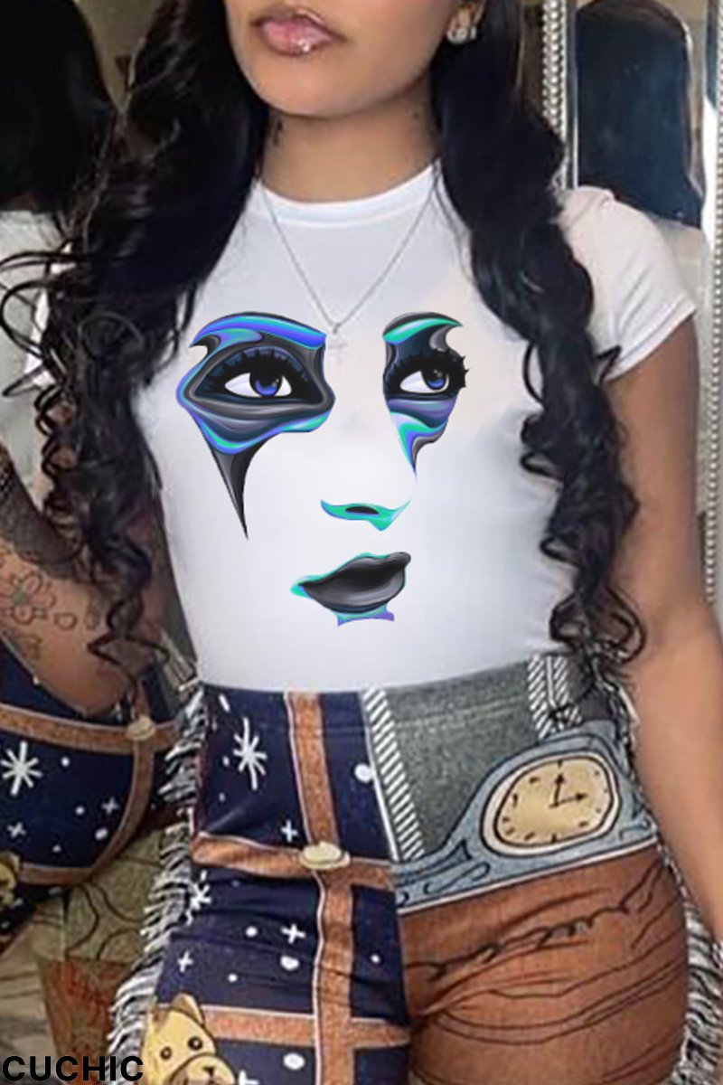 White Casual Street Print Patchwork O Neck T-Shirts-CuChic