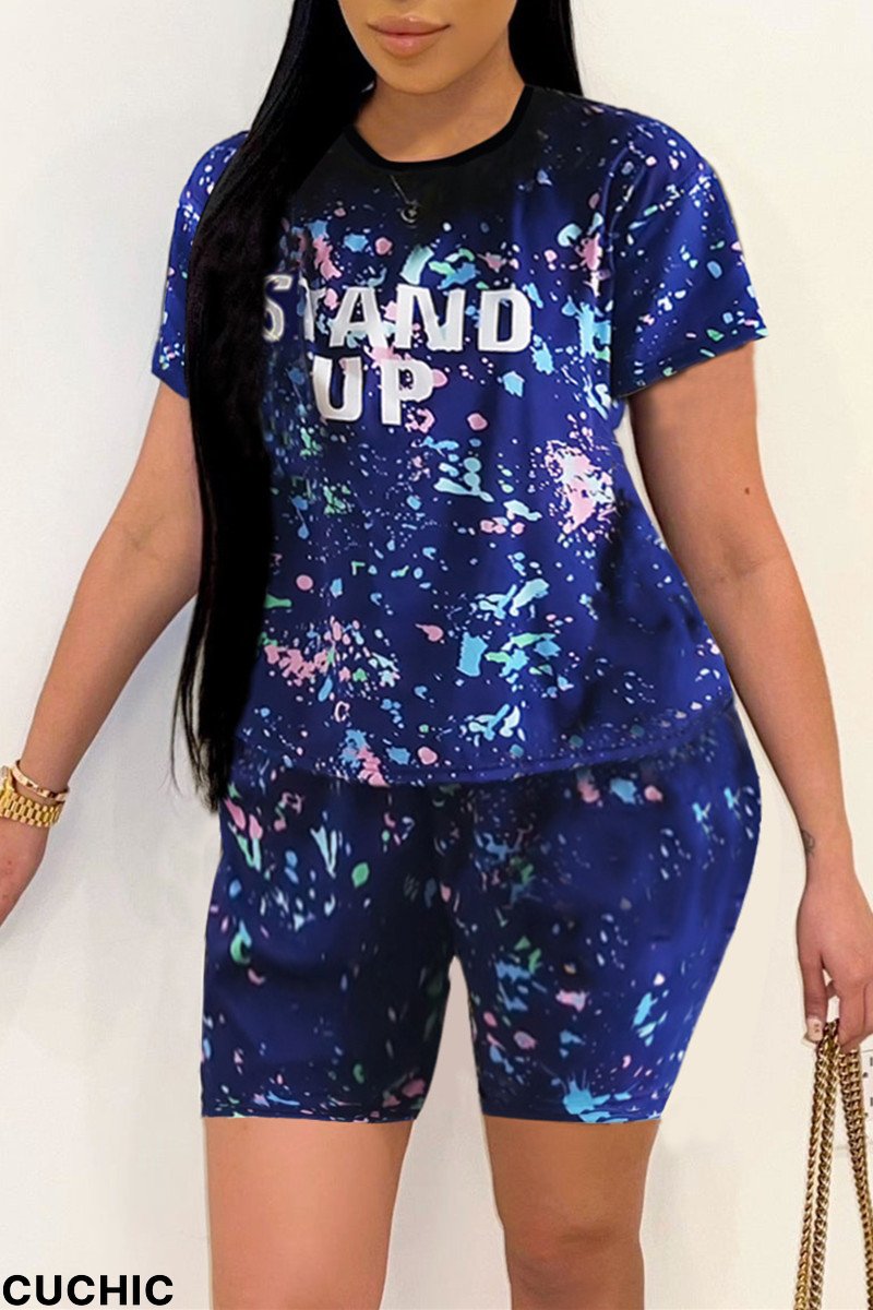 Blue Fashion Casual Print Basic O Neck Short Sleeve Two Pieces-CuChic