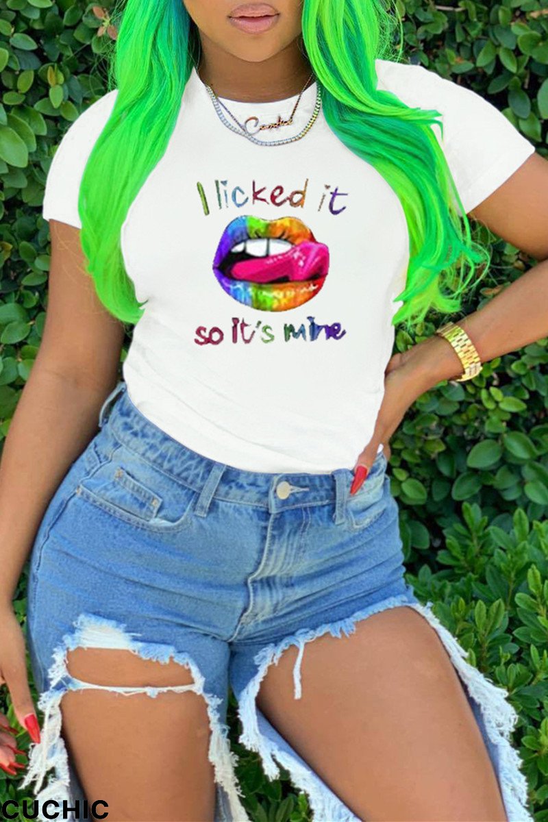 White Fashion Casual Letter Lips Printed Basic O Neck T-Shirts-CuChic