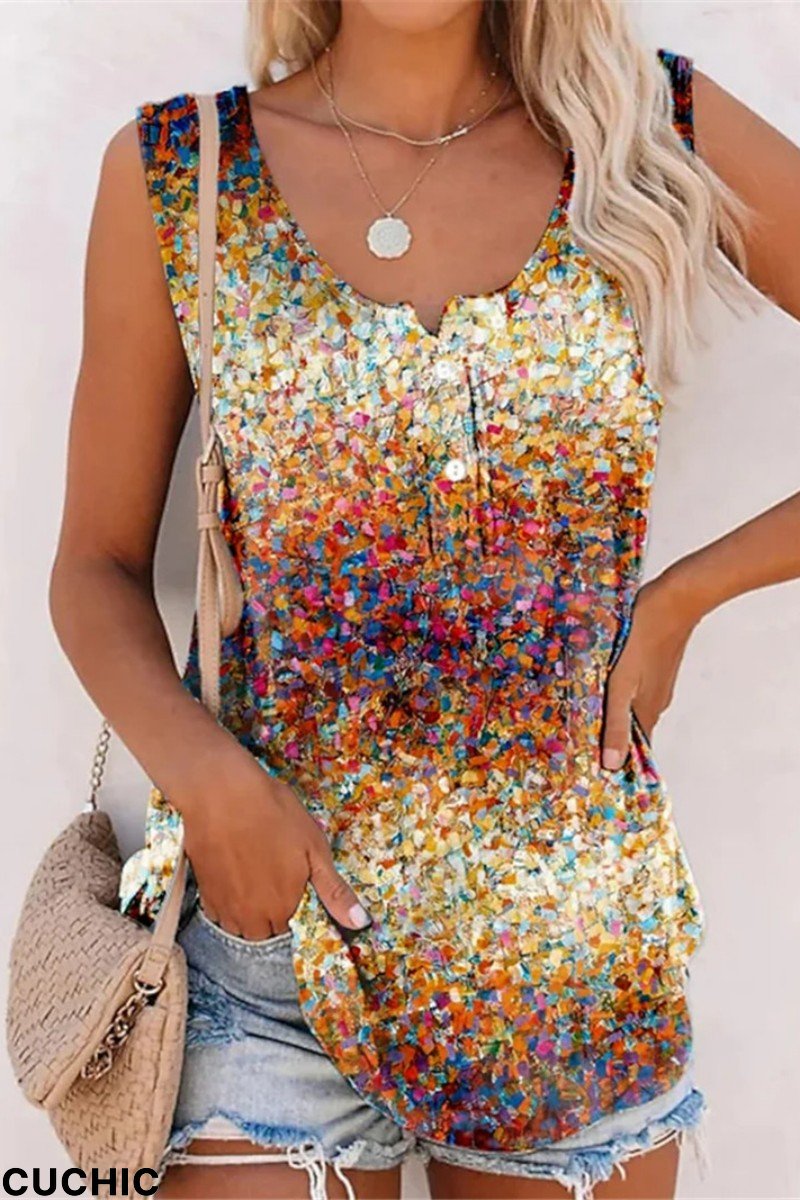 Yellow Casual Print Basic U Neck Tops-CuChic