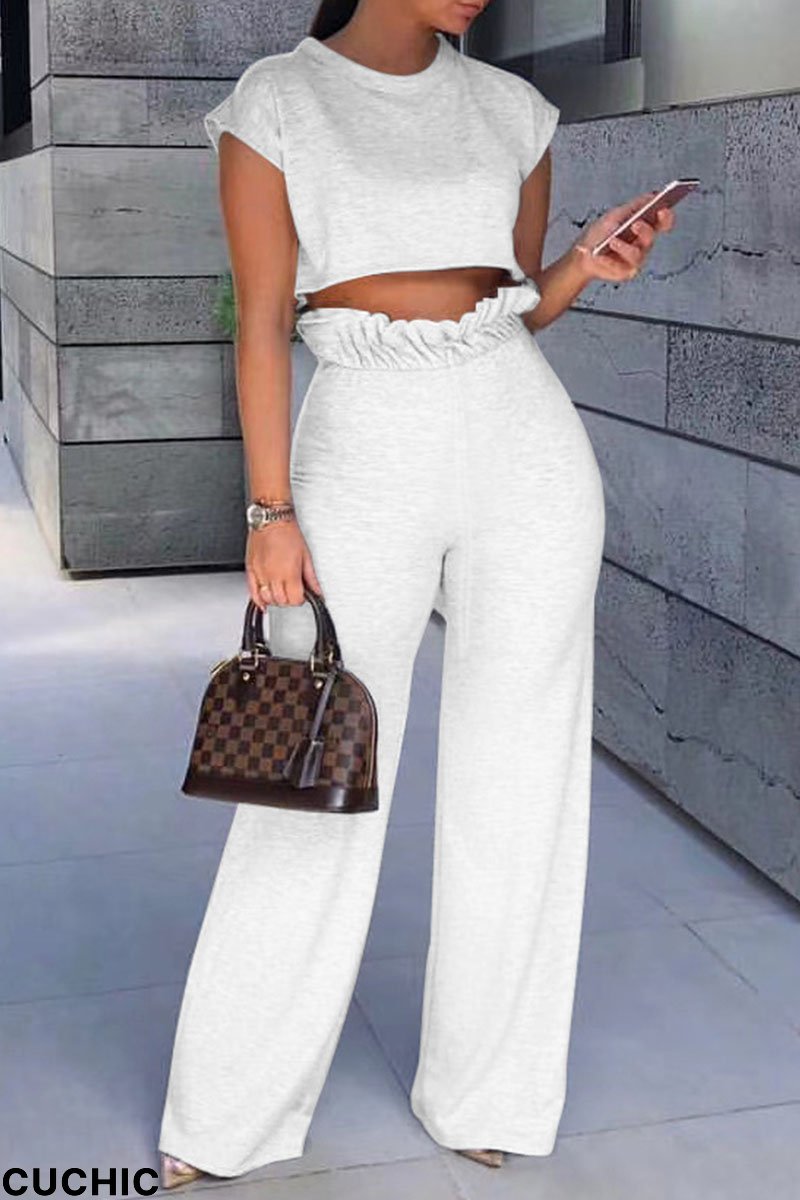 White Fashion Casual Solid Basic O Neck Short Sleeve Two Pieces-CuChic