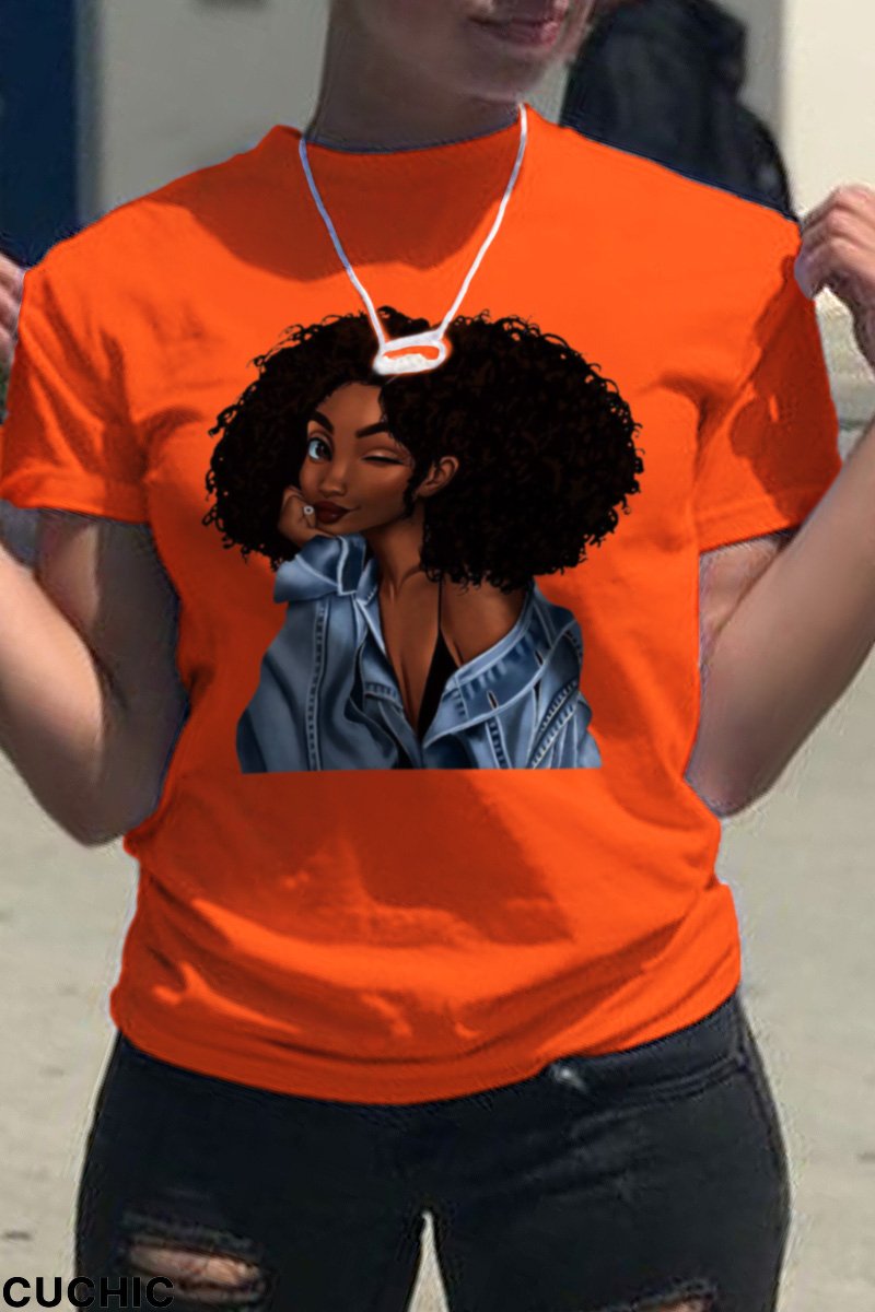 Orange Fashion Vintage Print Patchwork O Neck T-Shirts-CuChic