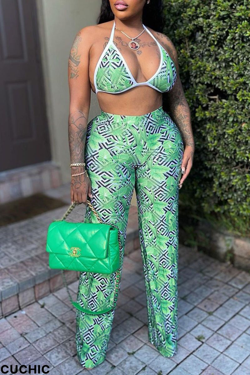 Leaf Print Sexy Street Print Split Joint Halter Sleeveless Two Pieces-CuChic