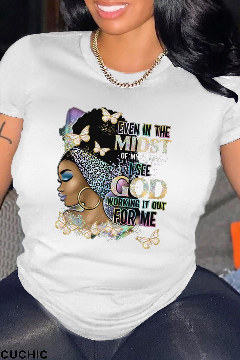 White Fashion Street Print Patchwork Letter O Neck T-Shirts-CuChic